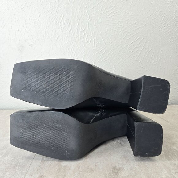 Black Leather Tall Heeled Boots Knee High Block Heel Square Toe Minimalist Chic - Picture 7 of 15